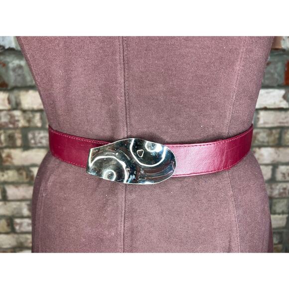 belt oval rippled buckle maroon burgundy wine silver vintage - Picture 1 of 14